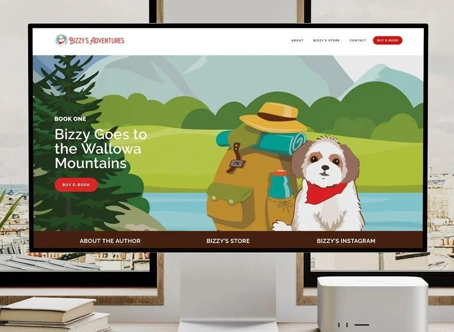 Website homepage featuring a cartoon illustration of a dog in nature with mountains, trees, a river, and camping gear, promoting the book 'Bizzy Goes to the Wallowa Mountains' with options for buying an e-book, about the author, store, and Instagram 