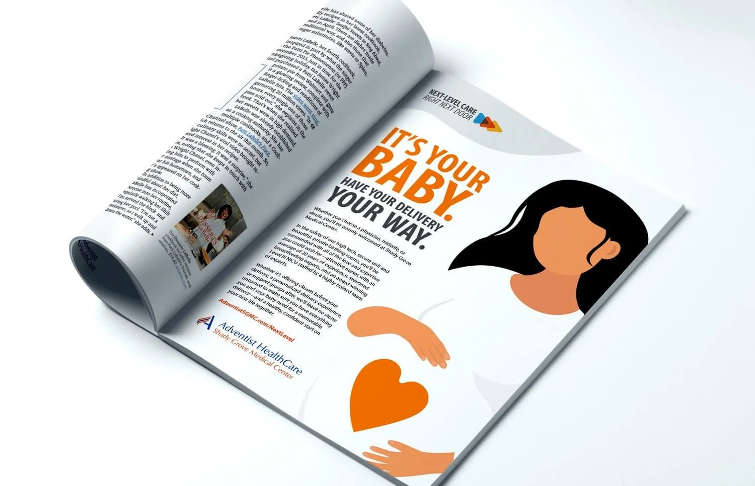 An open magazine or brochure showing an advertisement for a medical center's baby delivery services. The spread features bold text stating, 'It's Your Baby. Have Your Delivery Your Way,' with a graphic of a woman holding a heart-shaped object. There 