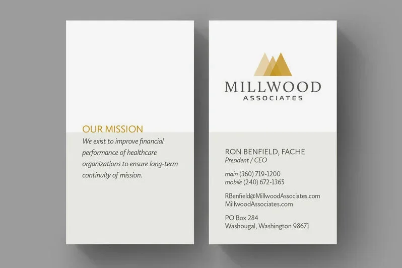 Business card and brochure for Millwood Associates, featuring the company's logo of three stylized mountain peaks, contact details for Ron Benfield, CEO, and a mission statement about improving financial performance in healthcare organizations.