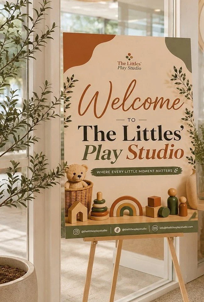 Welcome sign for The Littles Play Studio with toys including a teddy bear, stacking rings, a rainbow, and geometric blocks, along with some greenery and part of a glass door in the background.