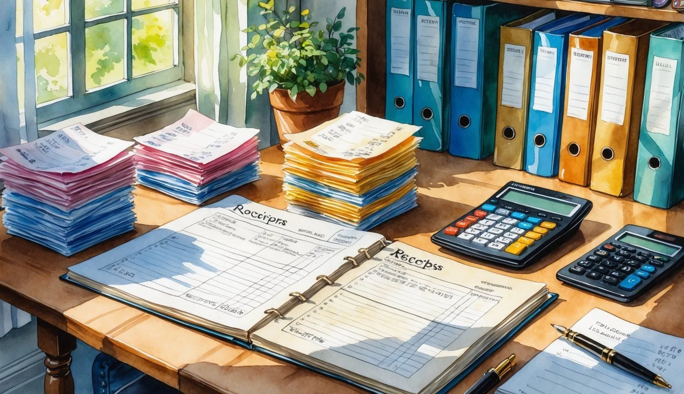 An organized desk with stacks of sorted paperwork, two calculators, a pen, and a binder with labeled receipts inside, set near a window with sunlight and a potted plant in the corner.