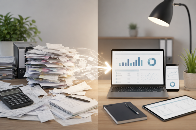 Contrast between a cluttered desk with piles of paper on the left and a clean, organized workspace with a laptop, tablet, smartphone, and a potted plant on the right.
