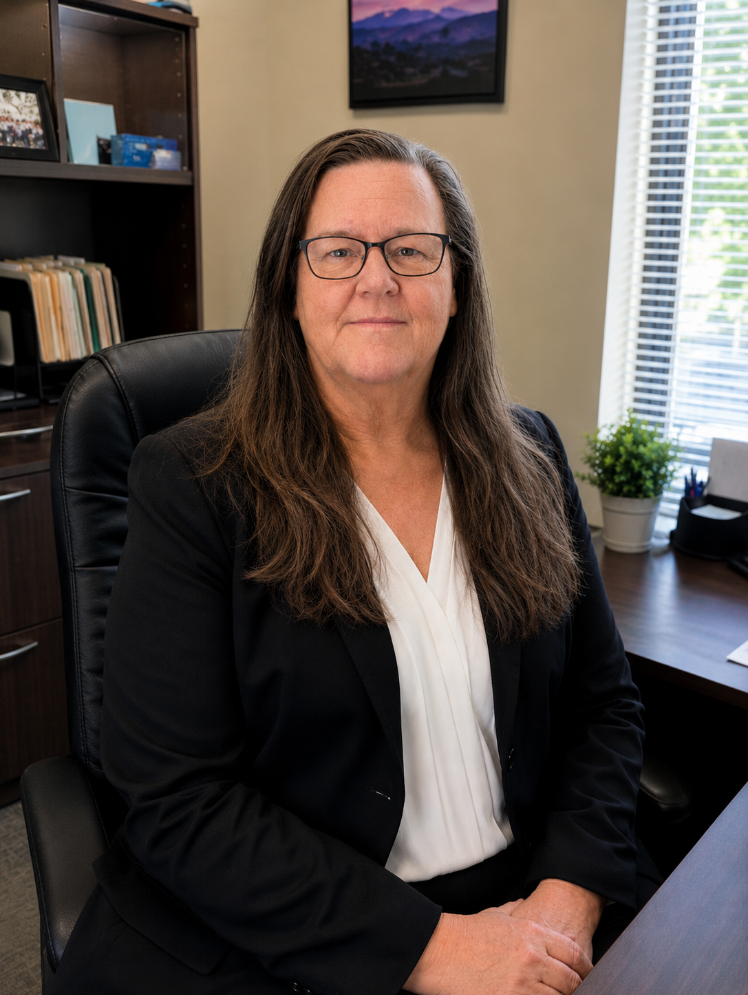 A woman with long brown hair and glasses sitting in an office chair at a desk, wearing a black blazer and white blouse, in an office with a bookshelf, framed photos, a window with blinds, and a potted plant.