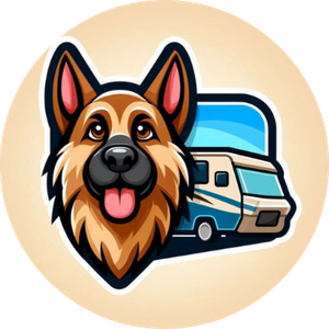 Graphic of a German Shepherd dog and a camper RV