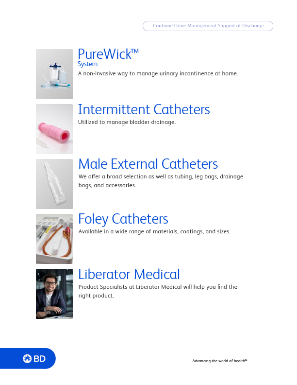 Medical product catalog page showing PureWick system, intermittent catheters, male external catheters, Foley catheters, and Liberator Medical contact information.