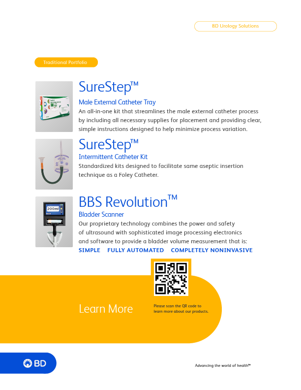 A promotional brochure for BD Urology Solutions featuring three products: SureStep male external catheter tray, SureStep intermittent catheter kit, and BBS Revolution bladder scanner. The brochure includes descriptions of each product, a QR code for more information, and branding with a blue BD logo.