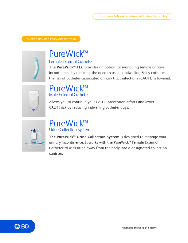 Product informational document about PureWick external catheter systems, including female and male external catheters and a urine collection system, with descriptions and icons for each product.