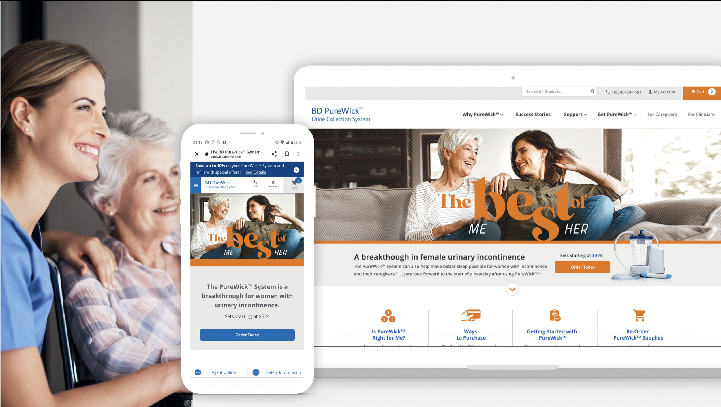 A smiling nurse sitting beside an elderly woman, both looking at a computer or tablet screen. The screen displays a website for a urinary incontinence system, featuring images of women, bold titles, and product information.