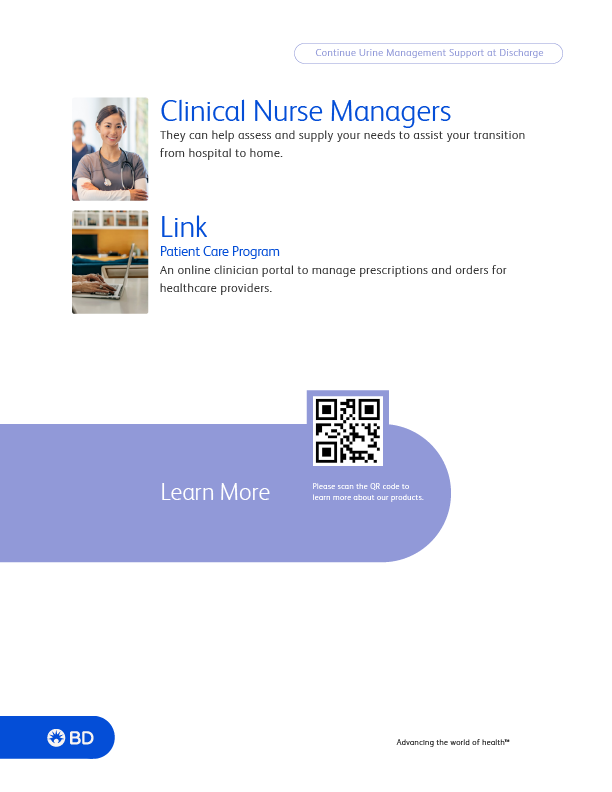 A healthcare informational poster featuring sections on Clinical Nurse Managers and a Patient Care Program, with a QR code for more information, and a BD logo at the bottom left corner.