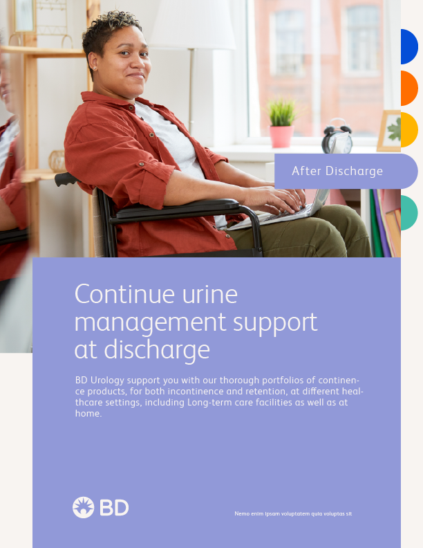 A woman sitting in a wheelchair at home, looking at the camera, with a laptop on her lap, indoors with a window, a lamp, and a potted plant in the background, promoting post-discharge urinary management support.