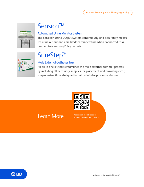 Advertisement for BD medical products including Sensica Urine Output System and SureStep Male External Catheter Tray, with a QR code in an orange sector saying 'Learn More'.