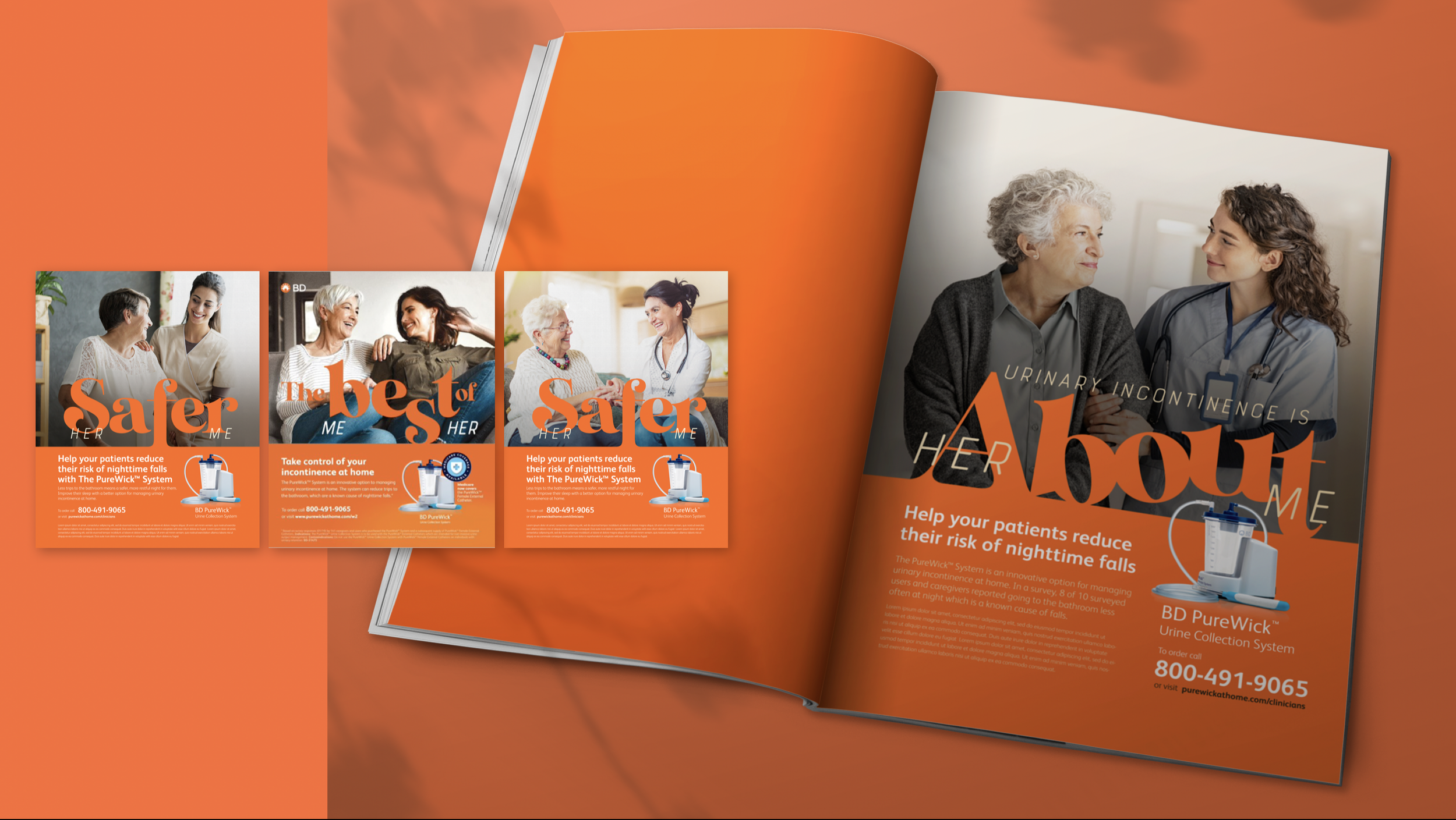 Open magazine featuring articles about senior healthcare and a medical product, with photos of elderly women and healthcare professionals, on an orange background.