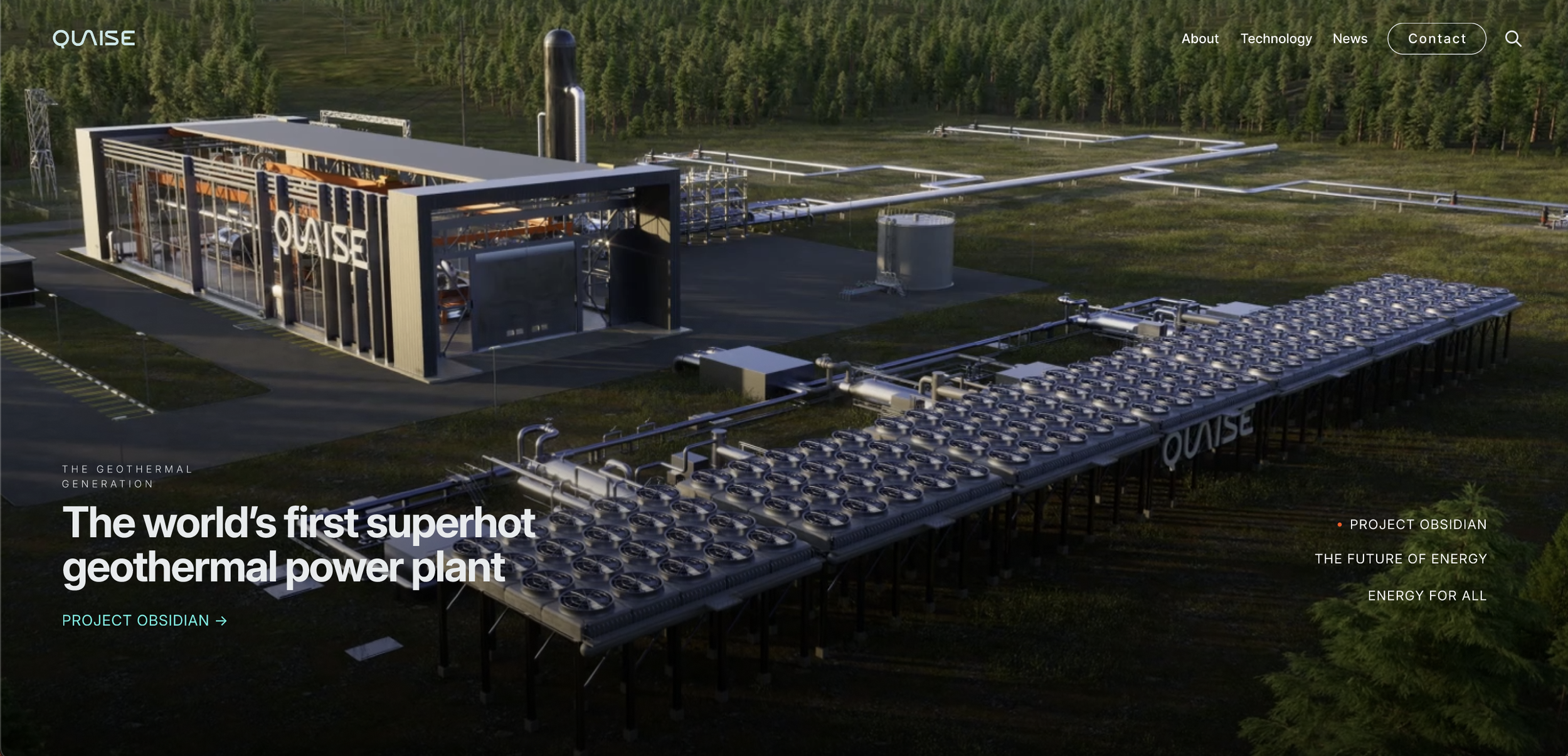 A large geothermal power plant with multiple pipes, a building labeled 'QUAISE,' and a forested background, promoting the world's first superhot geothermal power plant.