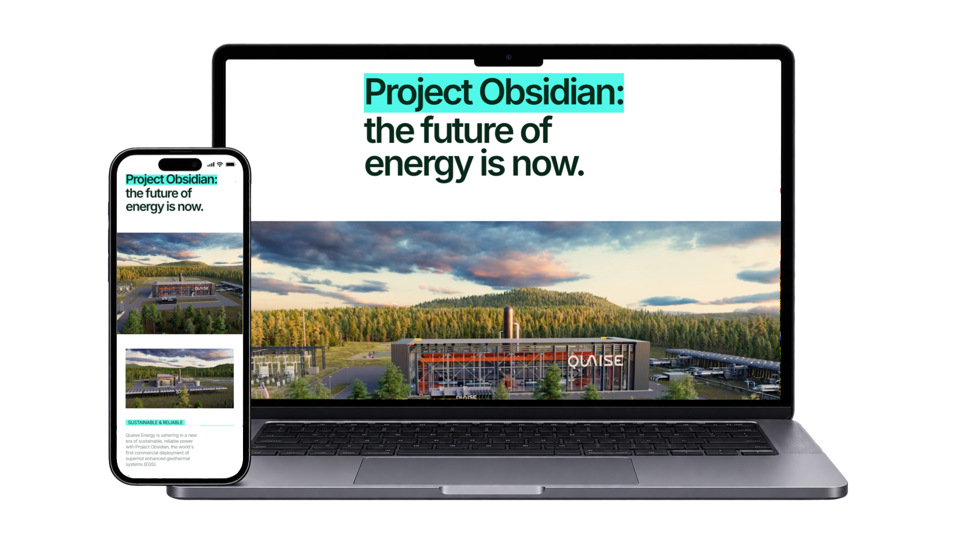 A laptop and smartphone showing a website about Project Obsidian, a geothermal energy project, with images of a geothermal plant and outdoor landscape.