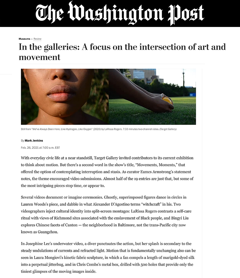 In the galleries: A focus on the intersection of art and movement, Mark Jenkins, The Washington Post, 2021