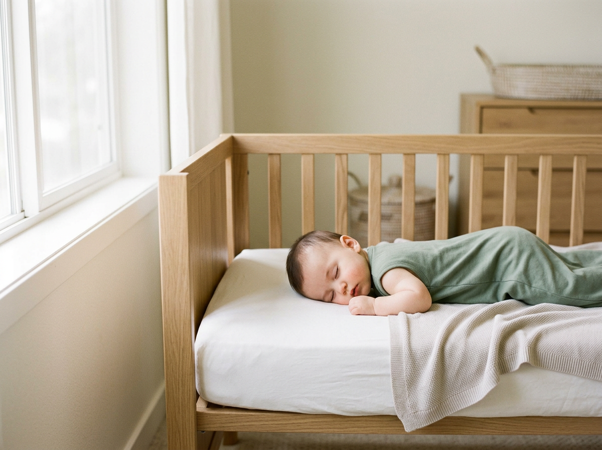 A young boy sleeping on his side in a wooden bed near a window in a bright, minimalist room.