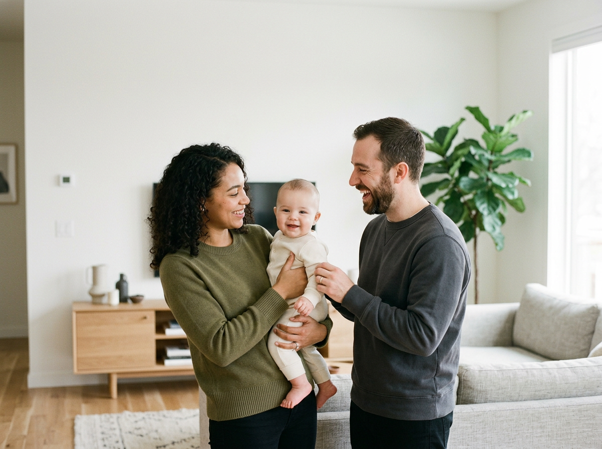 Smiling couple with their baby in a living room, the mother holding the baby and the father reaching out to the baby, with a couch and a large plant in the background.