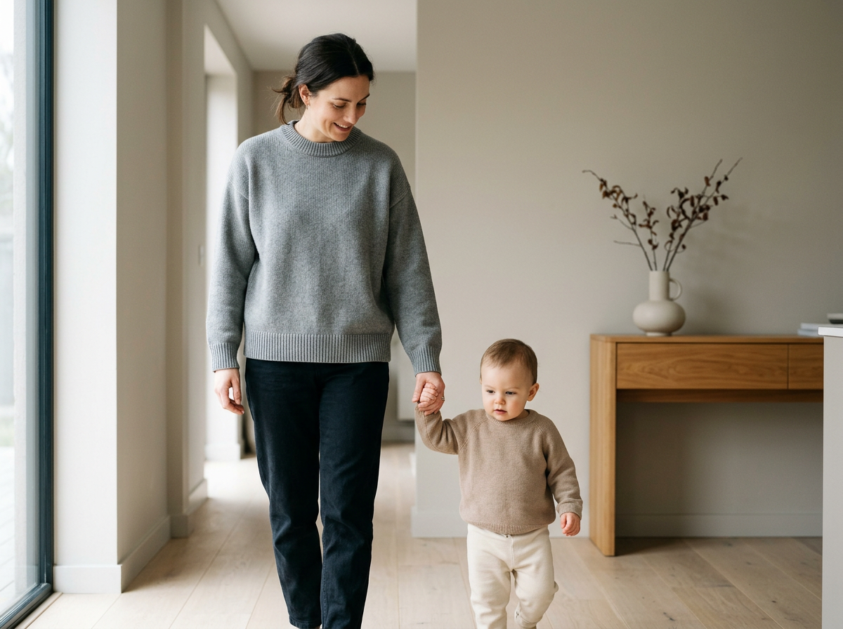 A woman walking hand-in-hand with a young child inside a modern home with minimal decor and wooden flooring.
