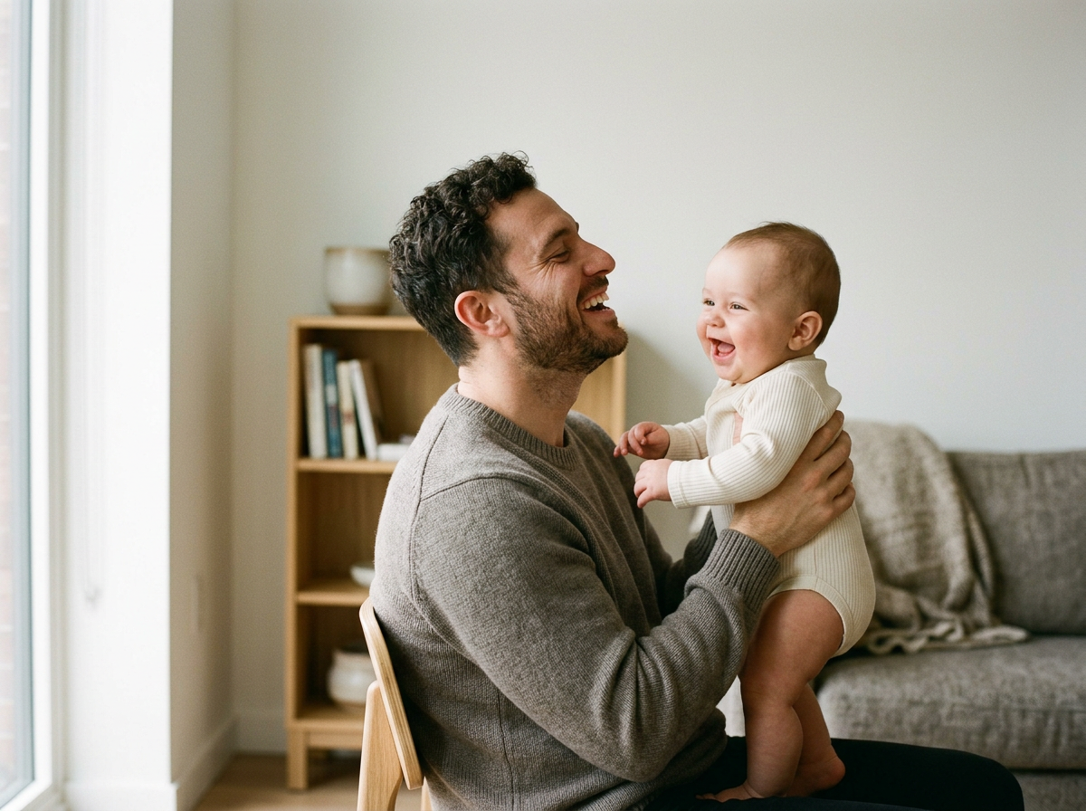A man with dark curly hair and a beard smiling and holding a laughing baby in a cozy living room.