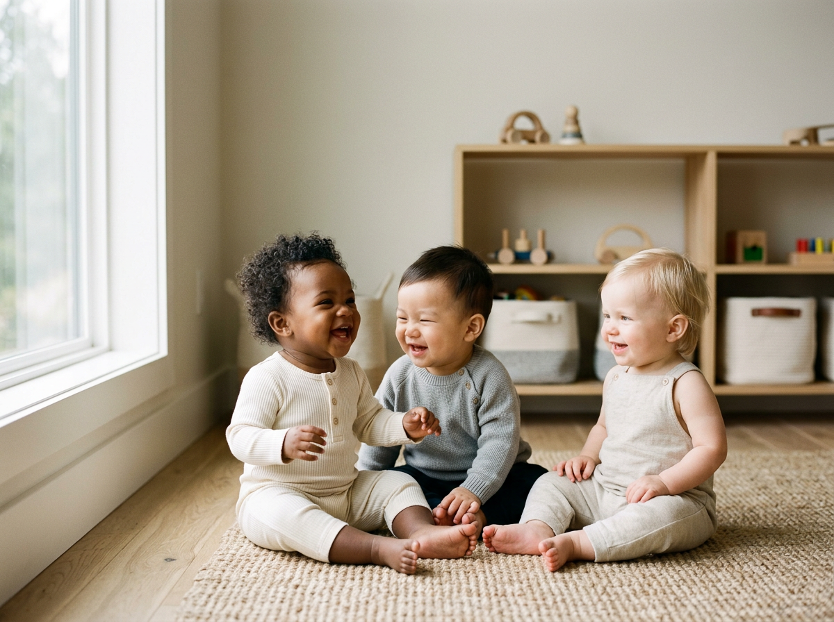 Three smiling children sitting on a rug by a window in a playroom, engaging and laughing together.