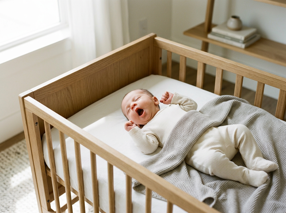 Newborn baby sleeping in a wooden crib, yawning with arms raised, in a bright room with a window and a shelf with books and decor.