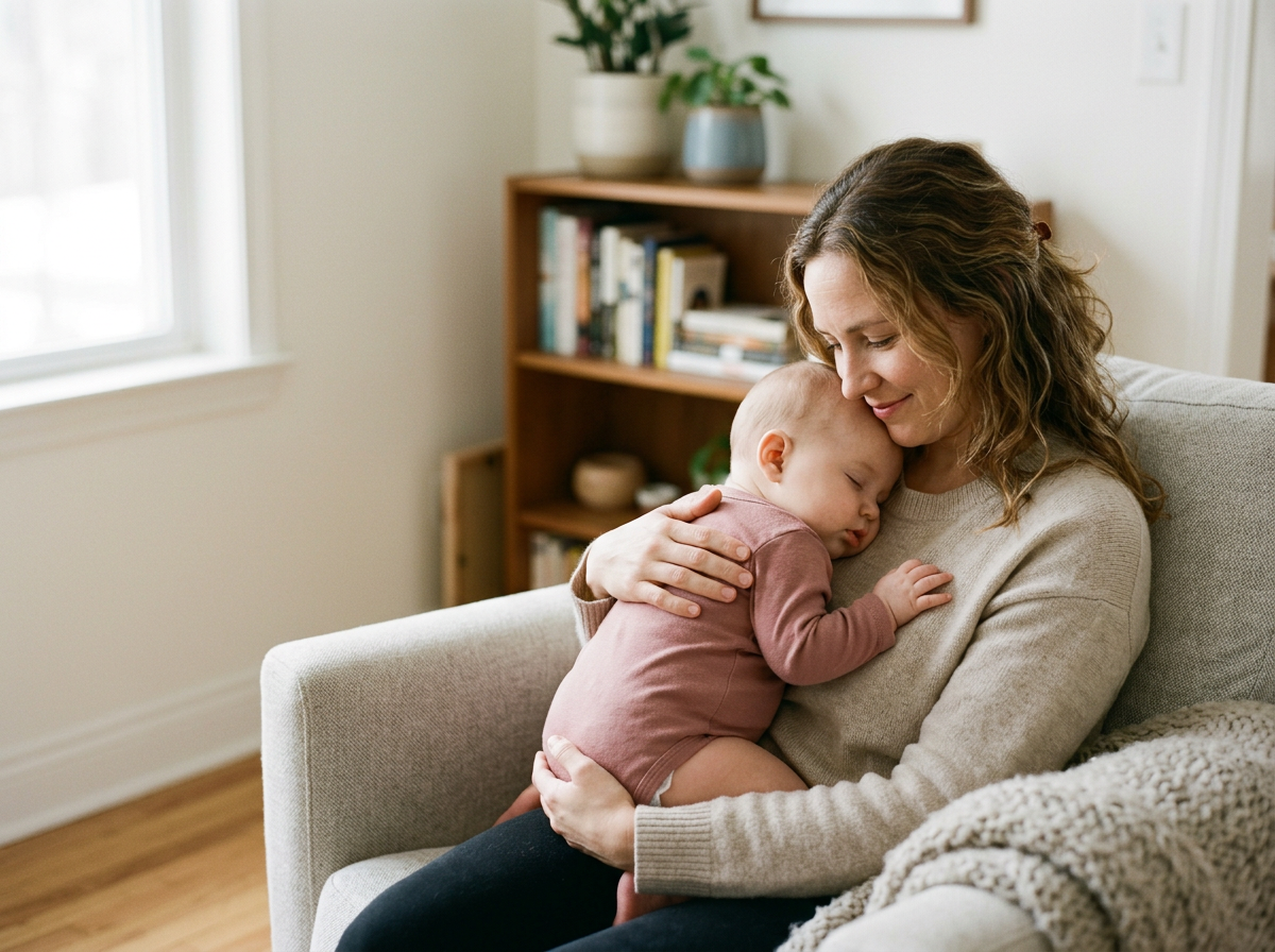 A mother sitting on a beige sofa hugging her sleeping baby in a cozy living room.