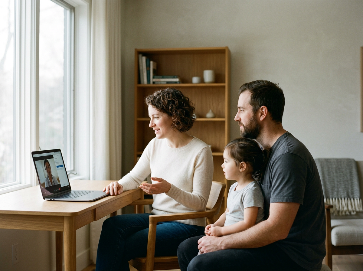 Family sitting together in living room during a video call with a doctor on a laptop.