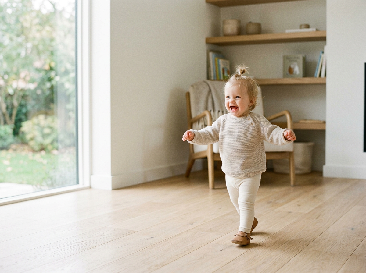 A young child with blonde hair running and smiling in a bright living room with wooden floors, near a large sliding glass door leading outside. The room has wooden shelves with books and decorative items.