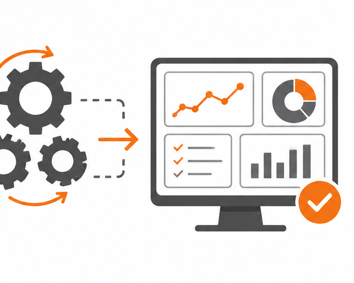 Diagrama que muestra engranajes conectados a un monitor con gráficos y listas de verificación, simbolizando análisis de datos y automatización.