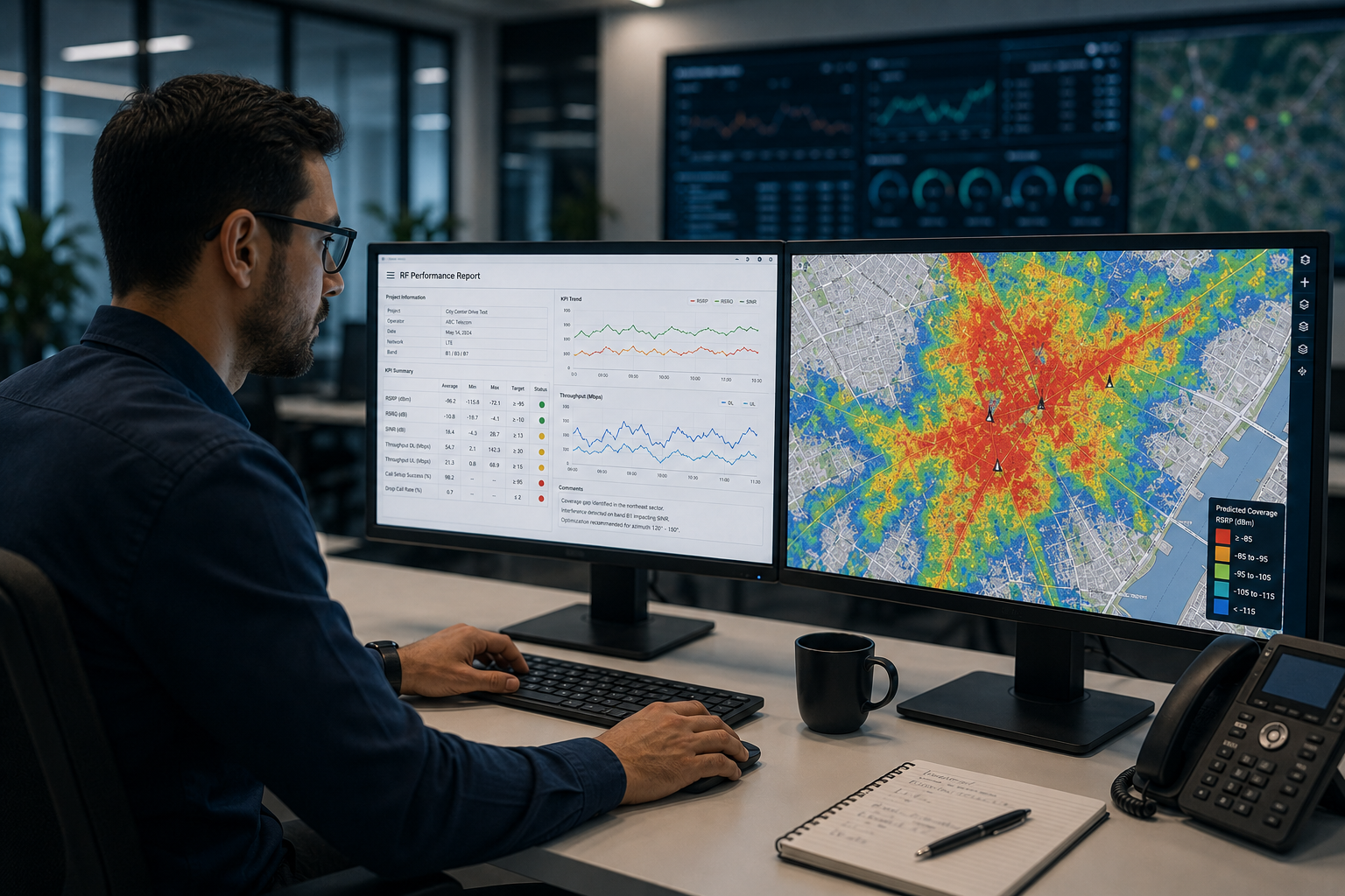 Hombre en oficina mirando monitores con mapas y gráficos de datos de cobertura de red y rendimiento.
