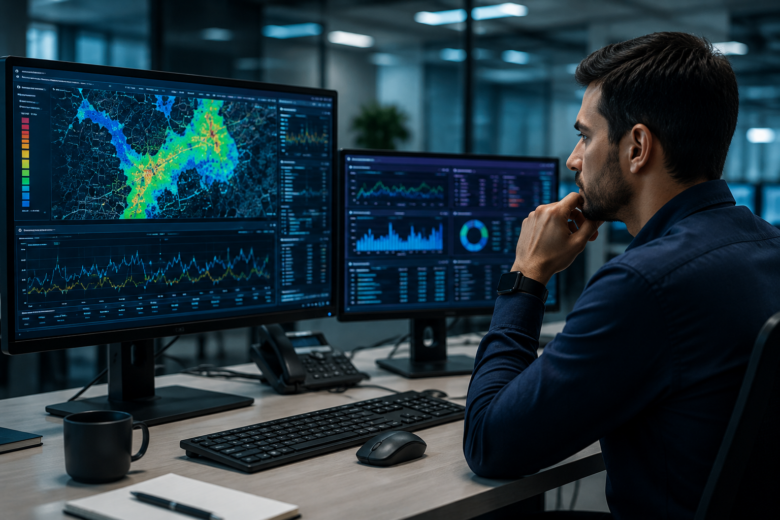 Hombre trabajando en una oficina con varias pantallas que muestran mapas, gráficos y datos analíticos.