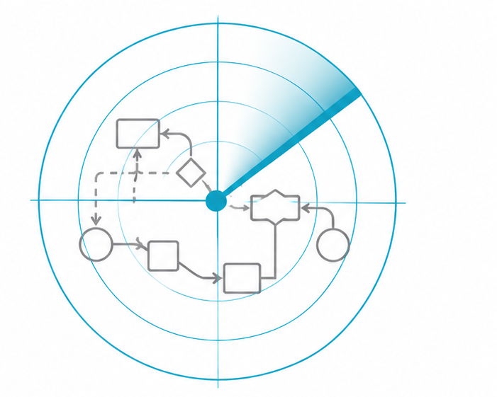 Diagrama de flujo técnico en tonos azules en un estilo de radar, con varias formas conectadas por flechas que representan un proceso de sistema.