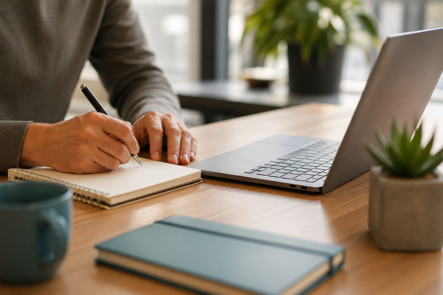 Persona escribiendo en cuaderno junto a una laptop en una mesa de madera, con plantas en el fondo.