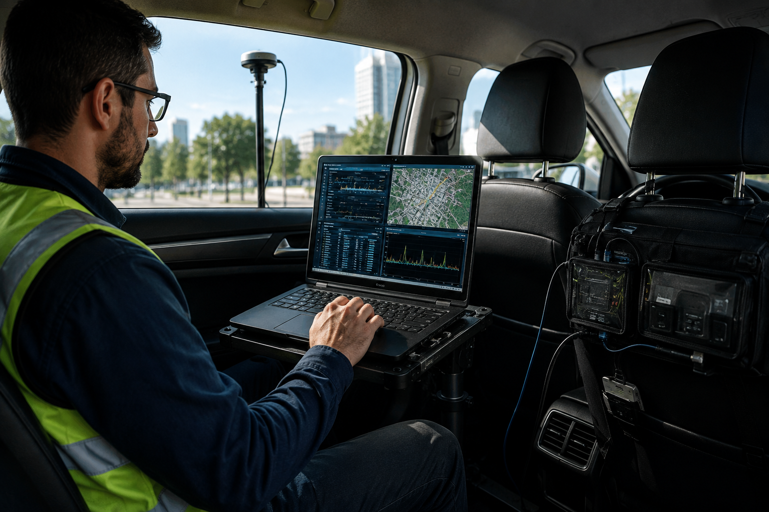Hombre trabajando con una laptop en el interior de un vehículo, con mapas y análisis en la pantalla