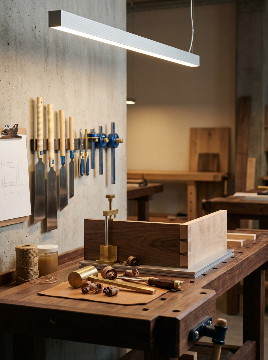 A woodworking workshop with a workbench, various woodworking tools hanging on the wall, including chisels, saws, and clamps. The workbench has a partially assembled wooden box, clamps, a mallet, and small woodworking tools.