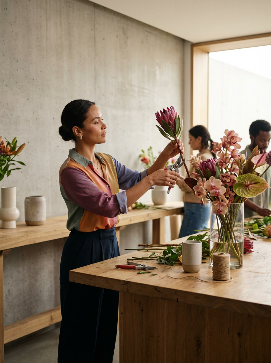 A woman arranging pink and red flowers in a vase at a flower shop, with other customers working on floral arrangements in the background.
