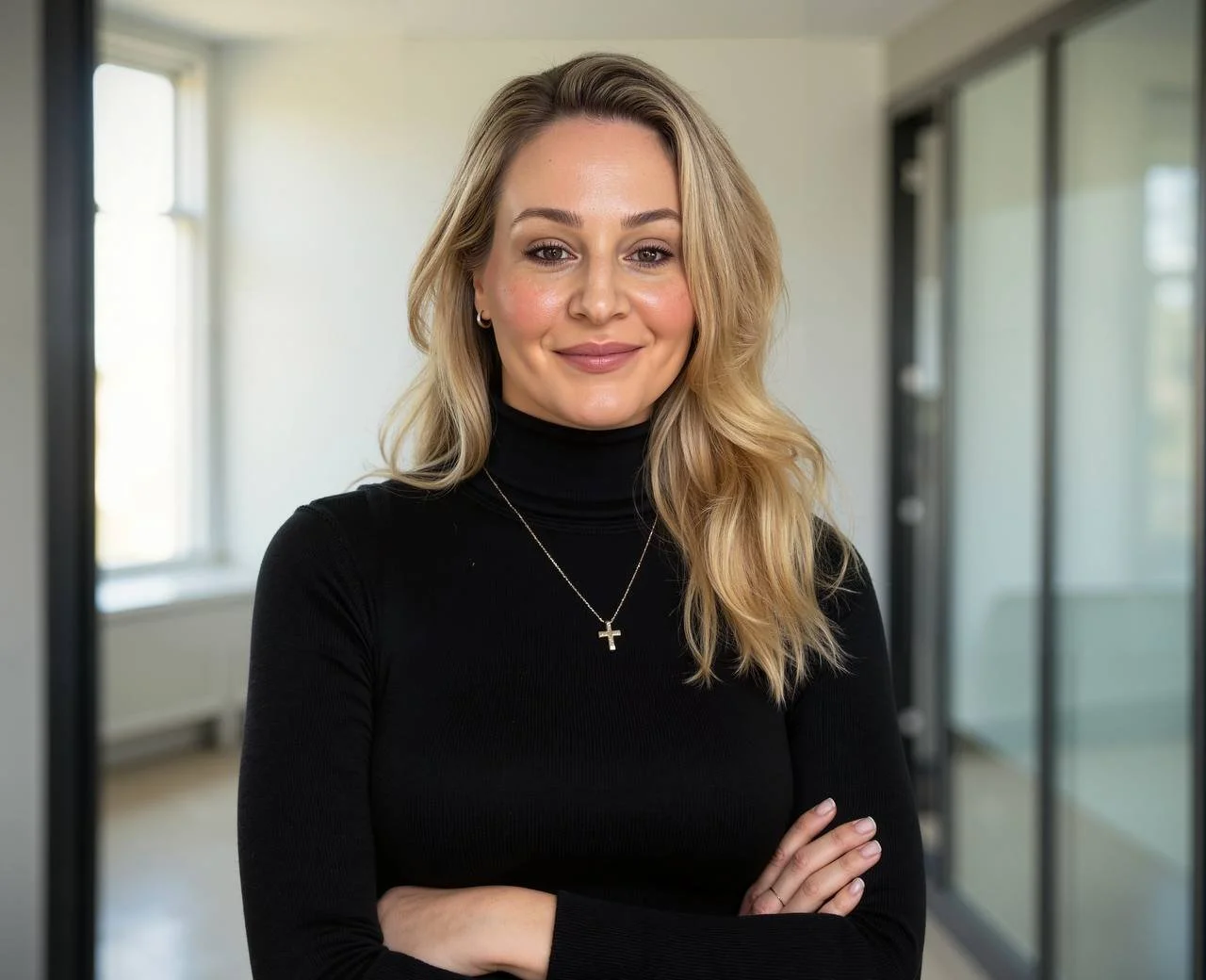 A smiling woman with blonde wavy hair wearing a black turtleneck and cross necklace, standing indoors with windows in the background. - Licking County REALTOR® serving Granville, Pataskala and Central Ohio. No pressure, just support — Brittany Oswald