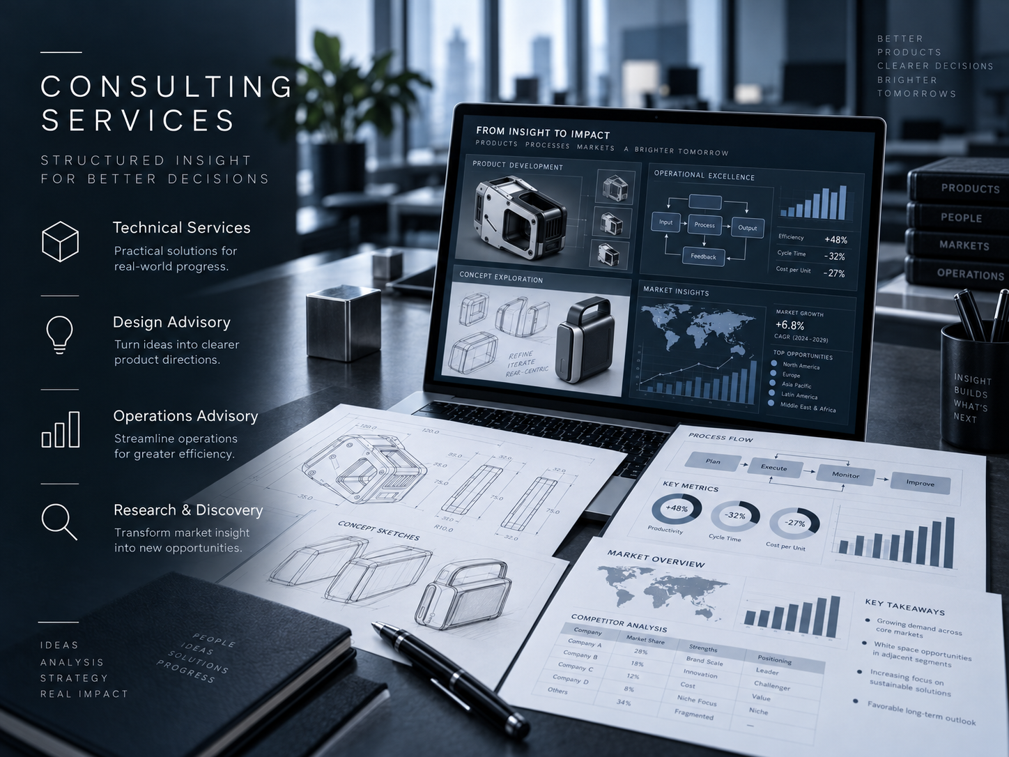 Wes Banks Consulting service flyer presenting engineering, design, management advisory, and research services