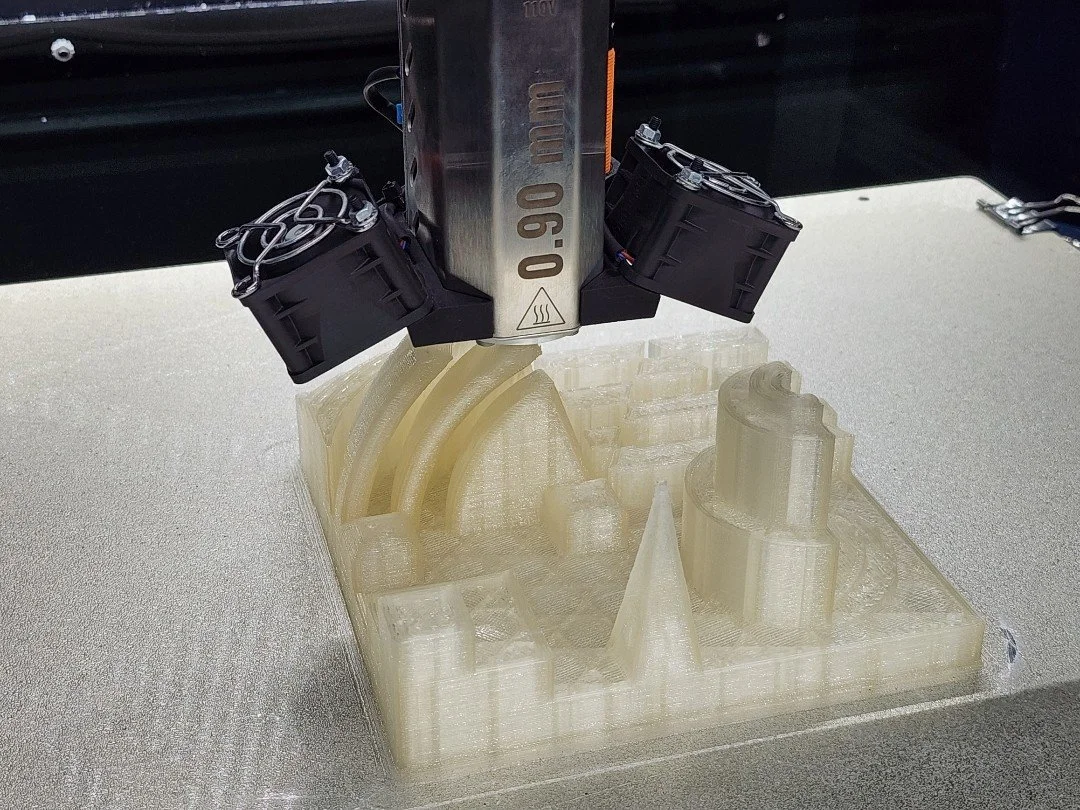 Large-format test print designed by Wes Banks to identify localized regions of undamped oscillation