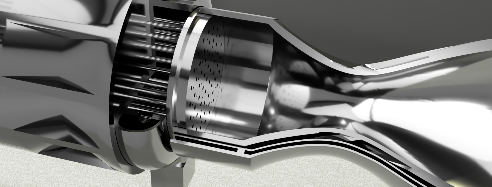 Rendered full-flow staged-combustion rocket engine designed by Wes Banks, showing fuel injectors, combustion chamber, regenerative cooling channels, and nozzle auxiliary section from chamber to throat
