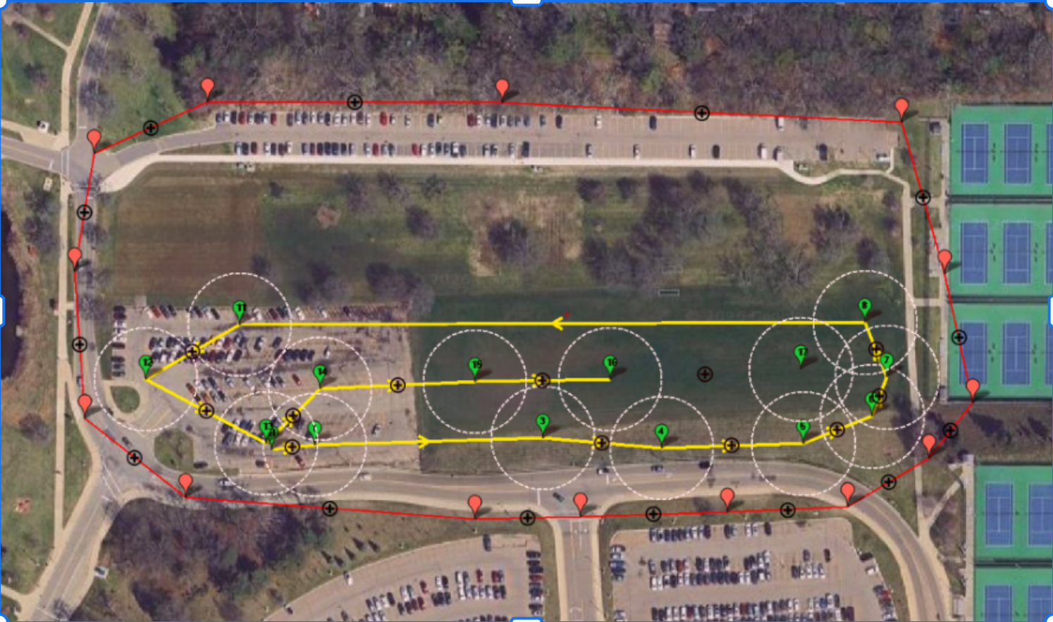 Top-down view of an autopilot flight program showing waypoints, boundary regions, and automated operating zones