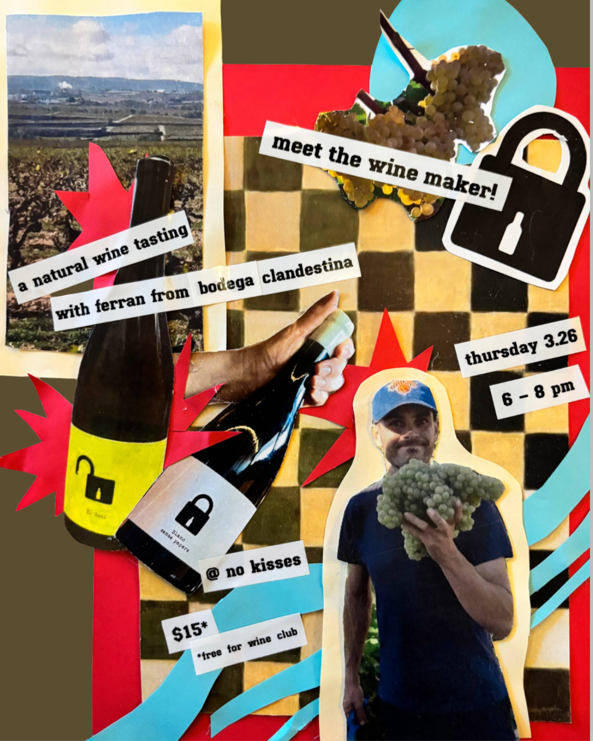 A colorful collage promoting a wine tasting event featuring a vineyard, wine bottles, grapes, a person holding a bunch of grapes, and event details including date, time, and price.