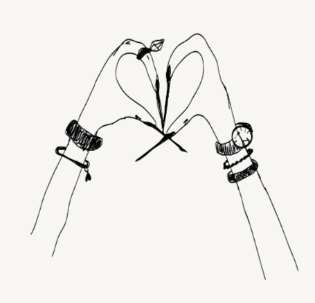 Two hands each wearing a watch and bracelet, holding a flower with two stems, forming a heart shape.