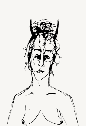 Black and white line drawing of a woman with horn-like headpiece and floral or organic decorations on her head, with exposed shoulders and a neutral expression.