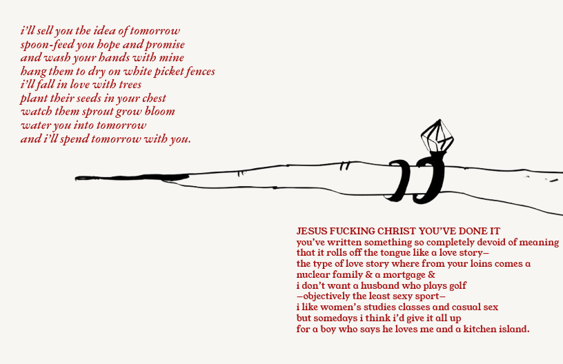 A minimalist drawing of a horizontal stick with a small diamond-shaped object attached to the right end. There are two blocks of red text, one in the upper left corner featuring a poetic piece, and the other in the bottom right corner with a passiona