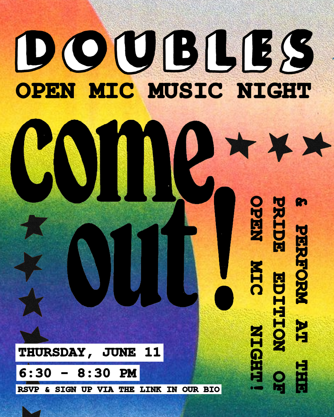 Colorful poster advertising a double open mic music night on Thursday, June 11 from 6:30 to 8:30 PM, with RSVP details in bio.
