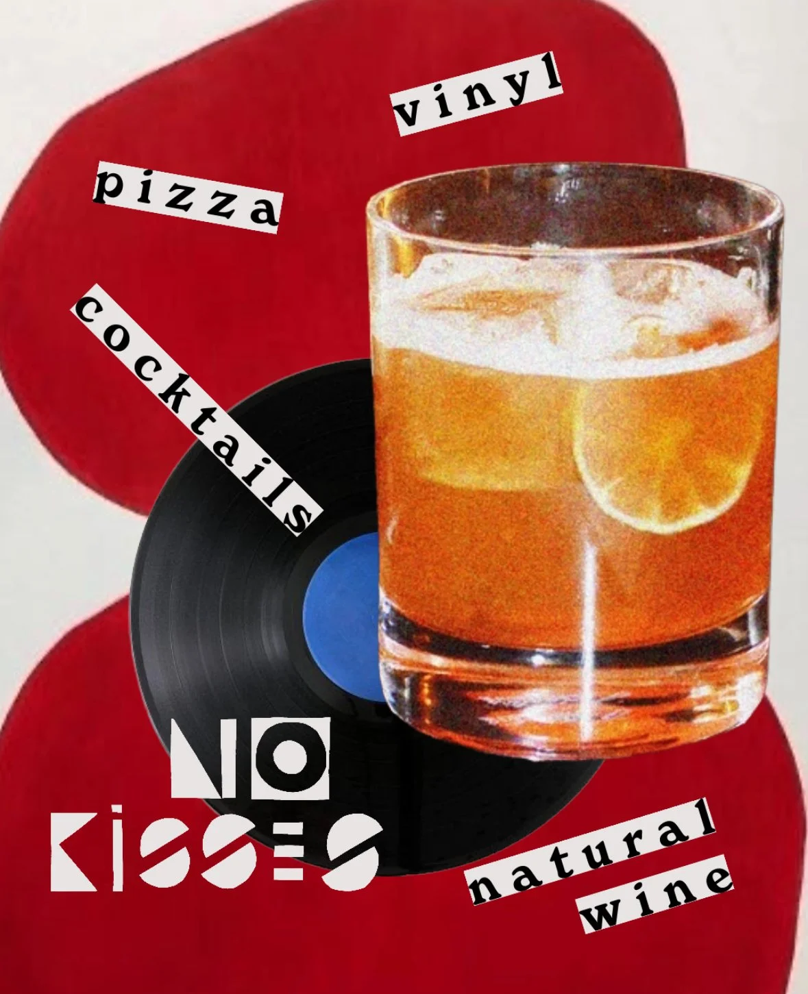 A collage of a vinyl record, a glass of iced tea with lemon, and red apples with the words "pizza," "vinyl," "cocktails," and "natural wine" in black and white text.