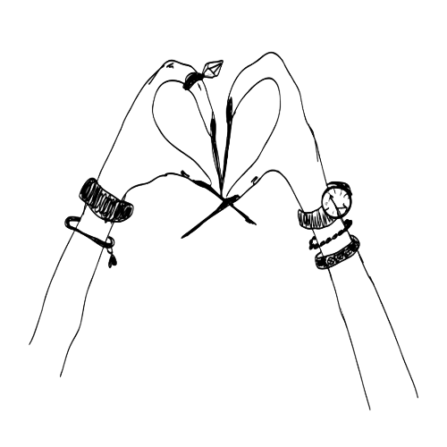 Outline of two hands touching at the tips to form a heart shape.
