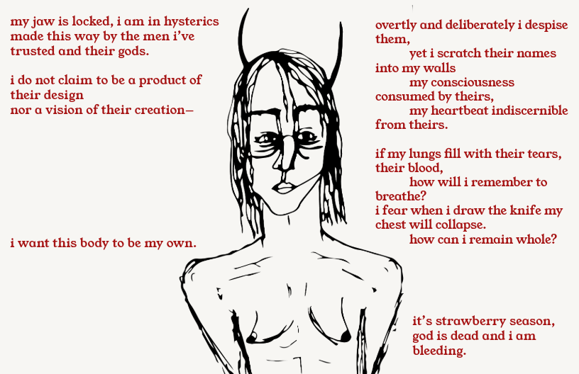 A black and white line drawing of a woman with glasses and long hair, with handwritten poetic text in red surrounding her. The poem discusses themes of pain, identity, and existential despair.