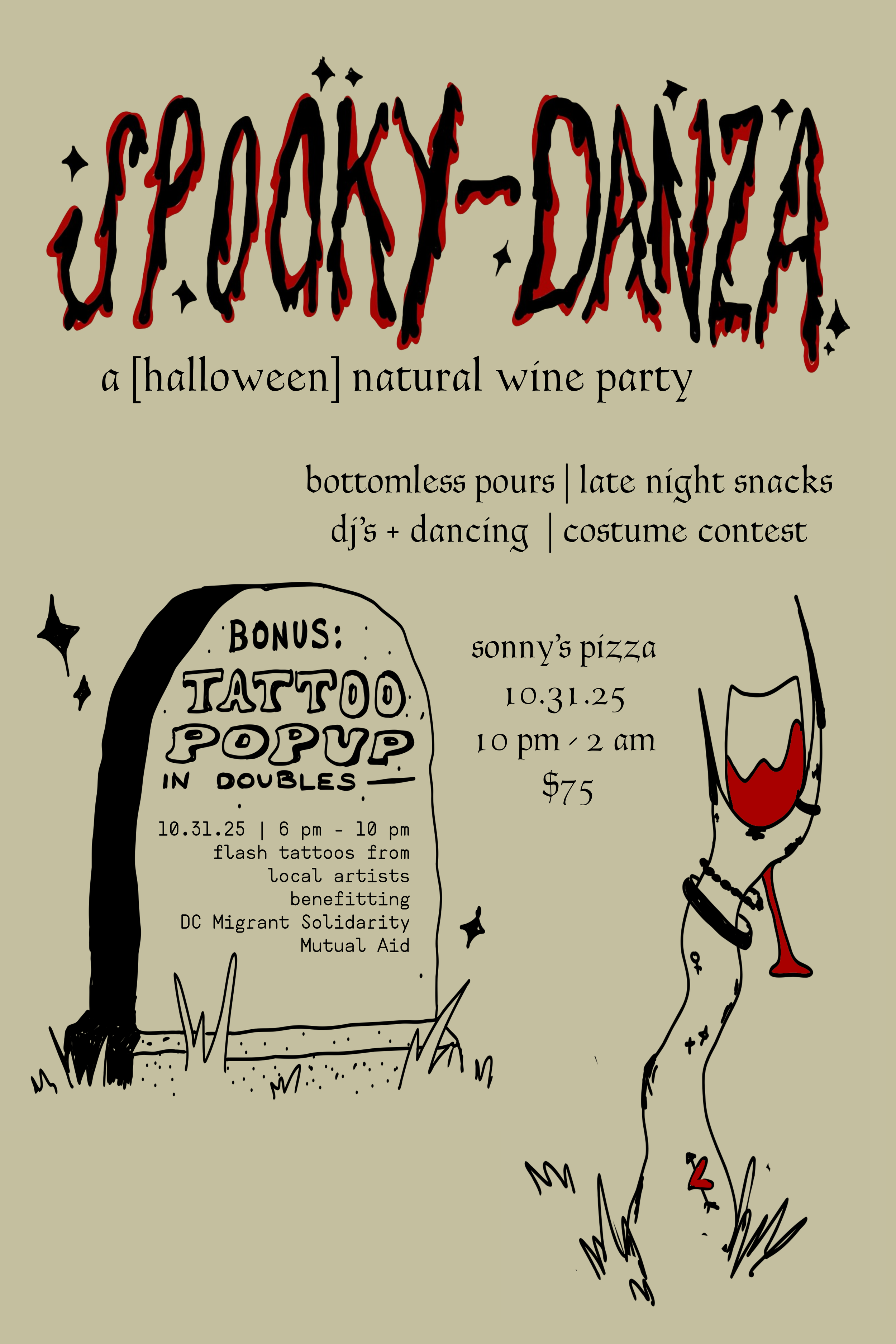 A Halloween-themed flyer titled "Spooky-Daze" with a subtitle "a [halloween] natural wine party". The flyer features a tombstone with 'BONUS: TATTOO POPUP IN DOUBLES' and details about a tattoo event. An illustration of a dog wearing a collar, with t